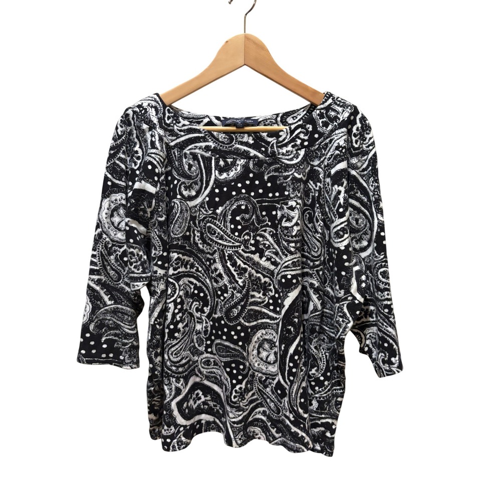Jones New York Signature Woman Paisley Polka Dot Cotton Top Black White 3X